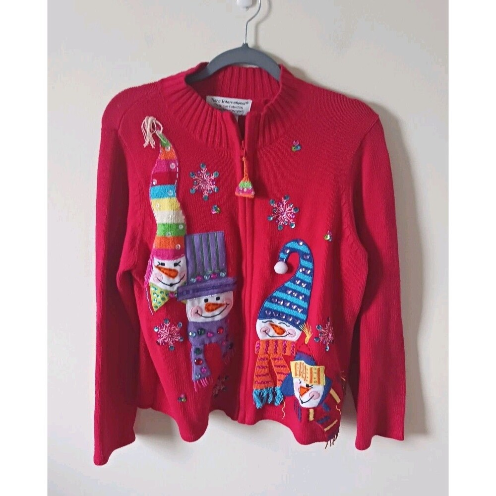 Tiara International Christmas Sweater Cardigan Women L Red Snowman Snowflake